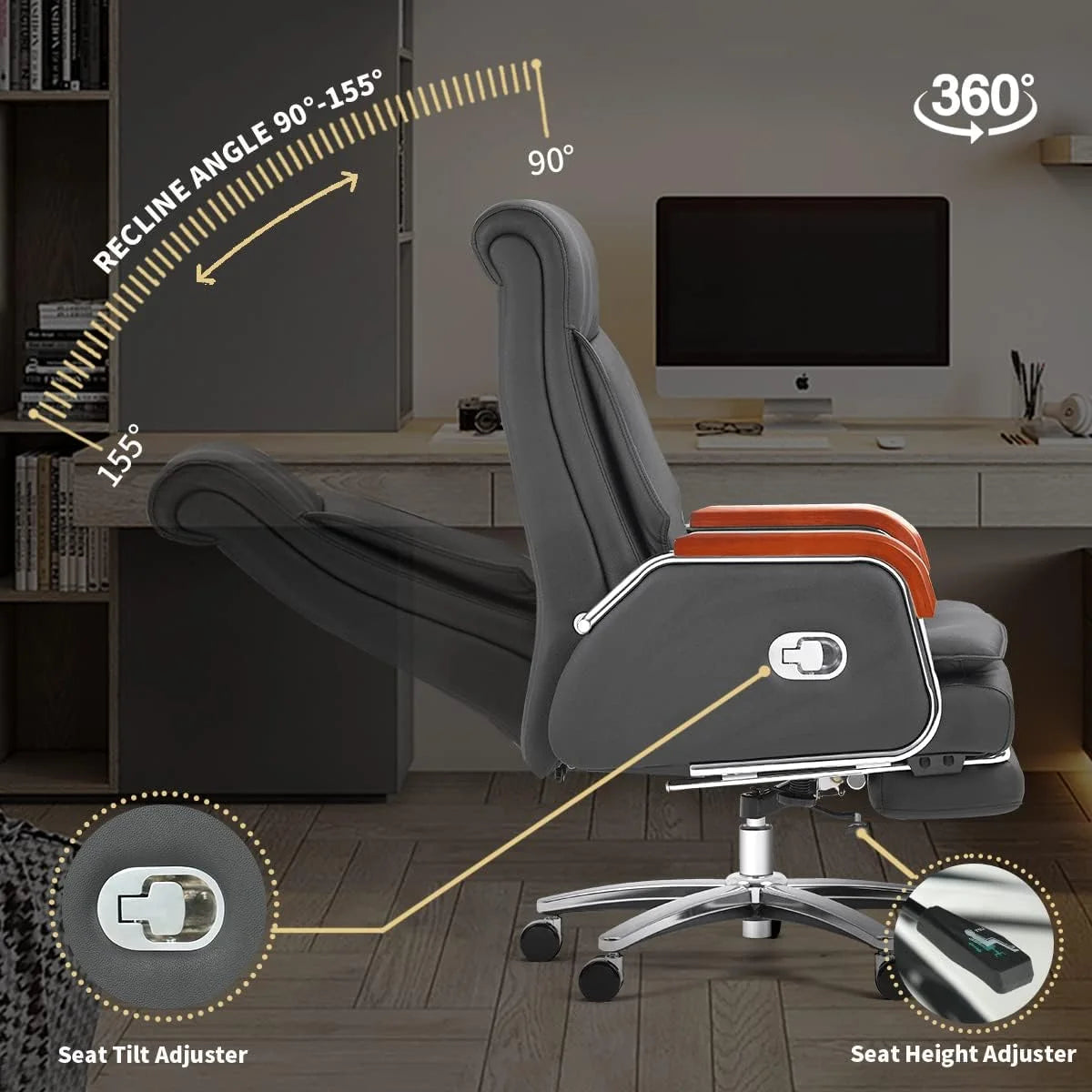 Black Leather Reclining Office Chair with Footrest B2267