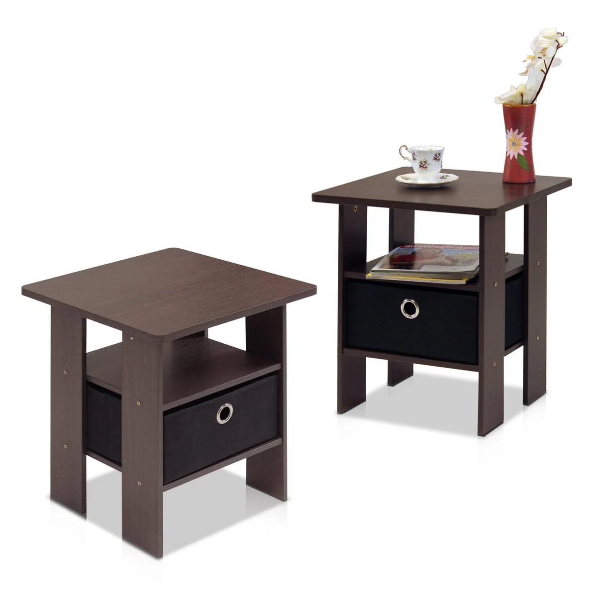 French Oak Grey Black Set of 2 End Table Nightstand with Bin Drawer O5093