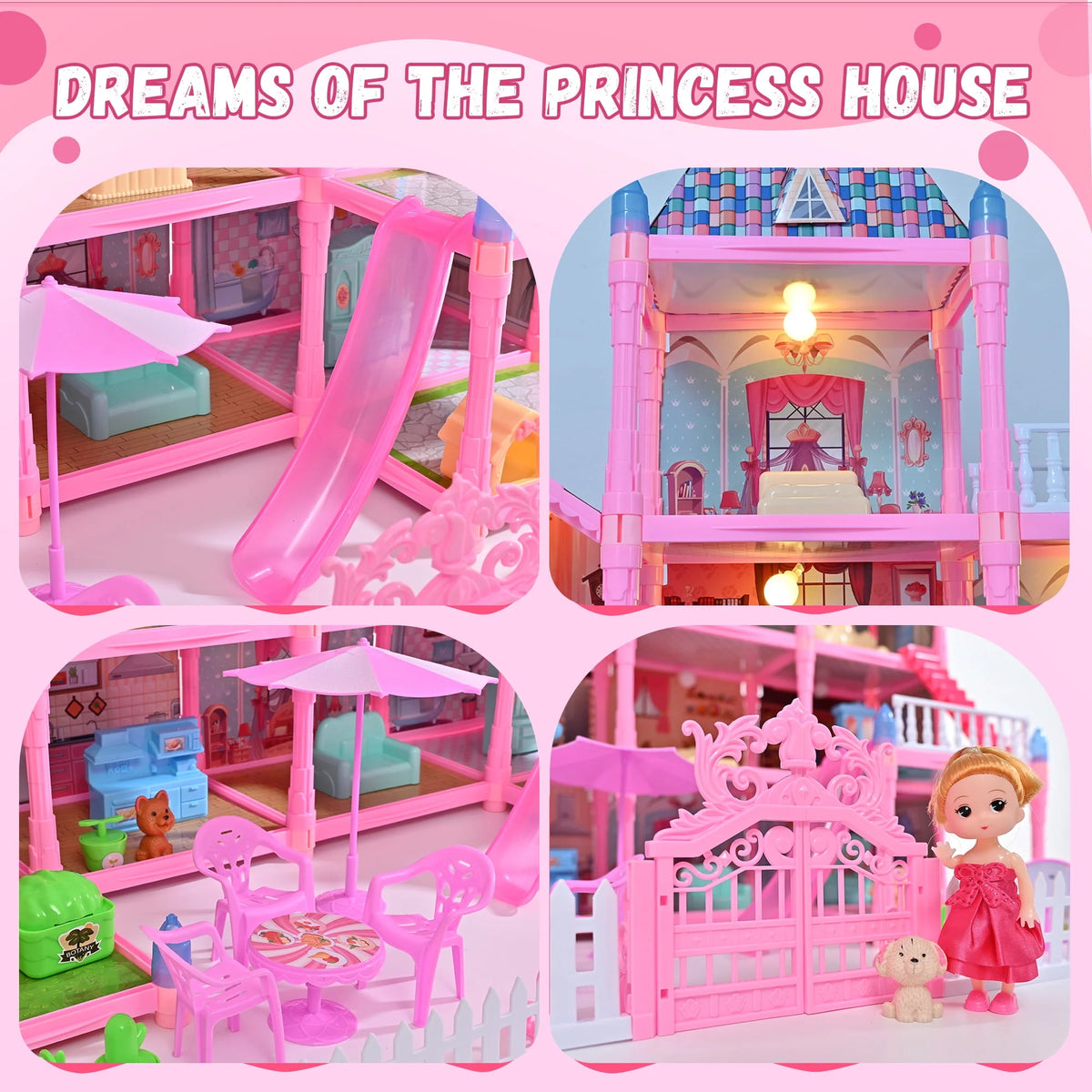 285 PCS 12 Rooms Dollhouse with LED Lights Furniture and Accessories F644