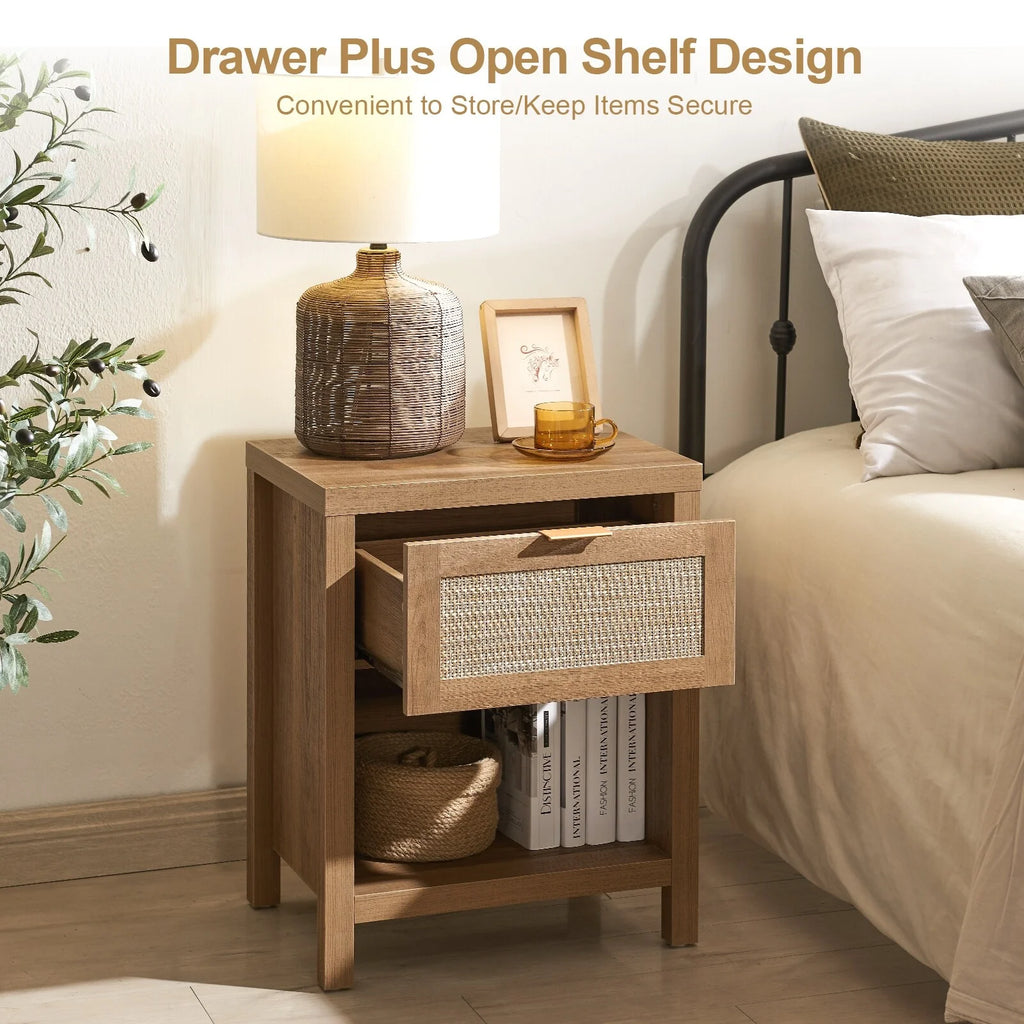 Oak Rattan Nightstand Set of 2 with Drawer and Storage Shelf I755471