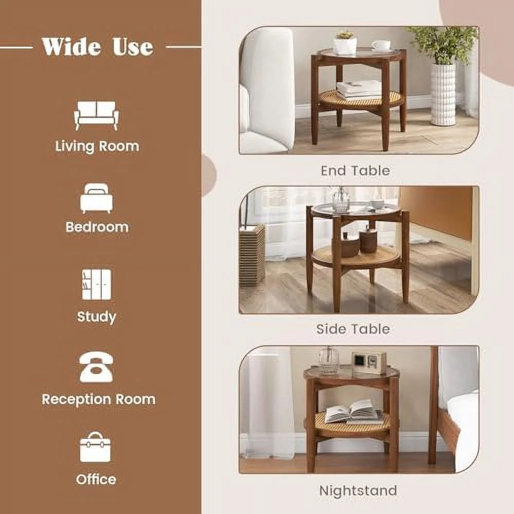 Rattan Round End Table with Tempered Glass Top and Acacia Wood Legs W62568