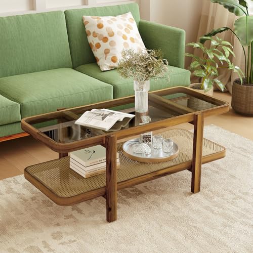 Rattan Coffee Table, 2-Tier with Tempered Glass Tabletop G96975