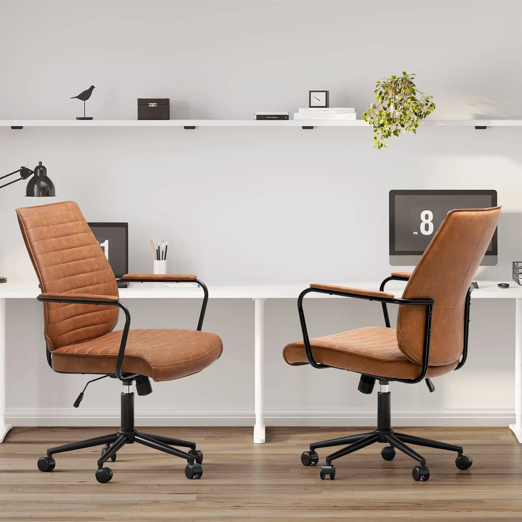 Brown Leather Office Chair with Wheels and Armrest W114