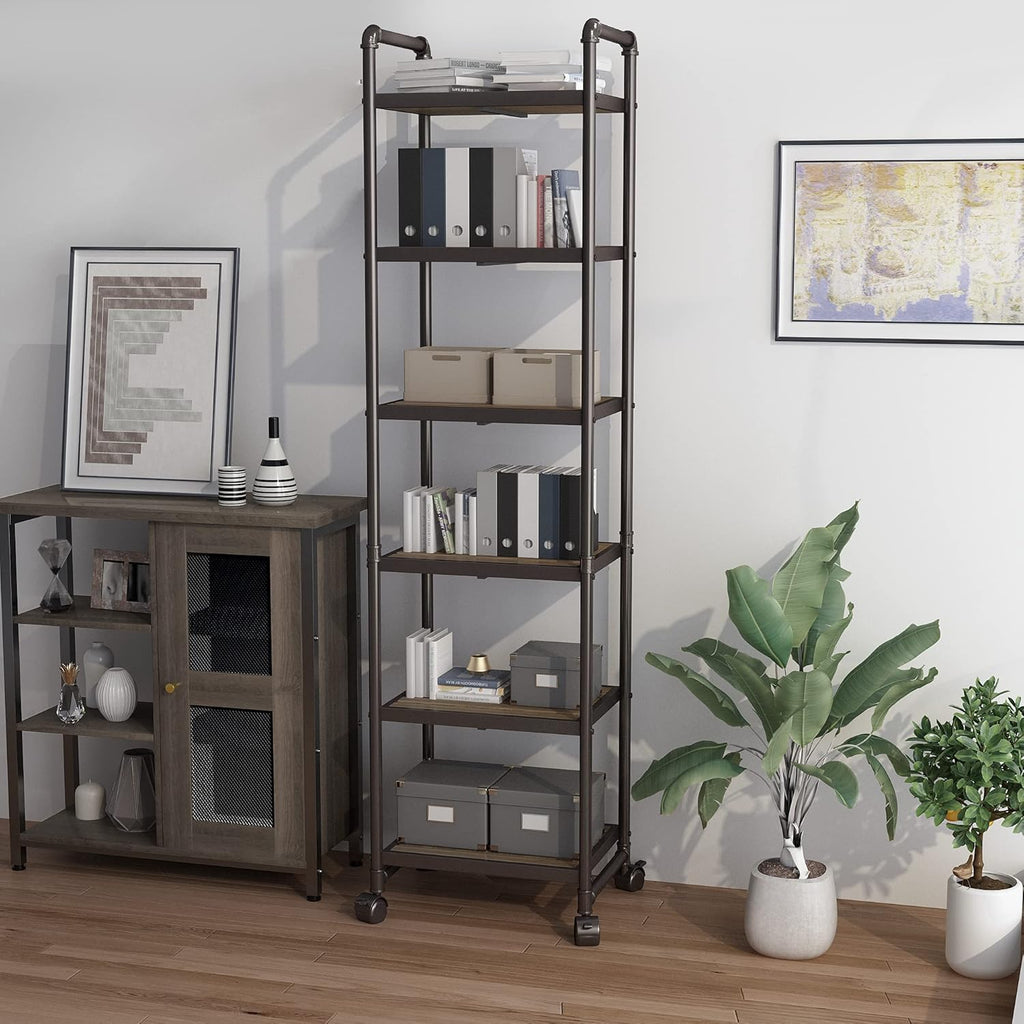 6-Tier Rolling Storage Cart with Metal Frames, Rustic Brown N415938