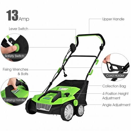 Corded Electric Lawn Dethatcher Scarifier with Dual Safety Switch U883