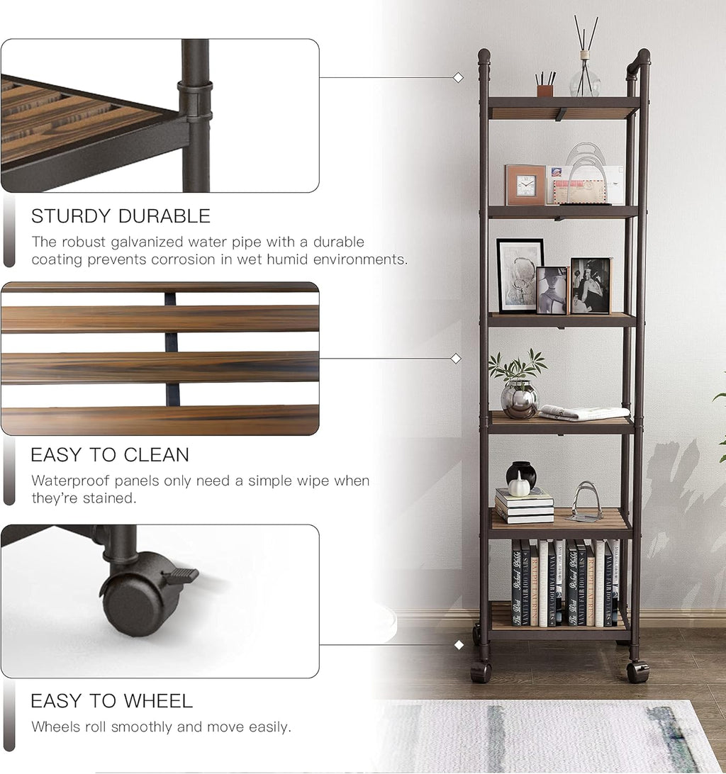 6-Tier Rolling Storage Cart with Metal Frames, Rustic Brown N415938