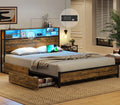 Rustic Brown Full Size Metal Platform Bed Frame with LED Headboard and USB Ports G93376