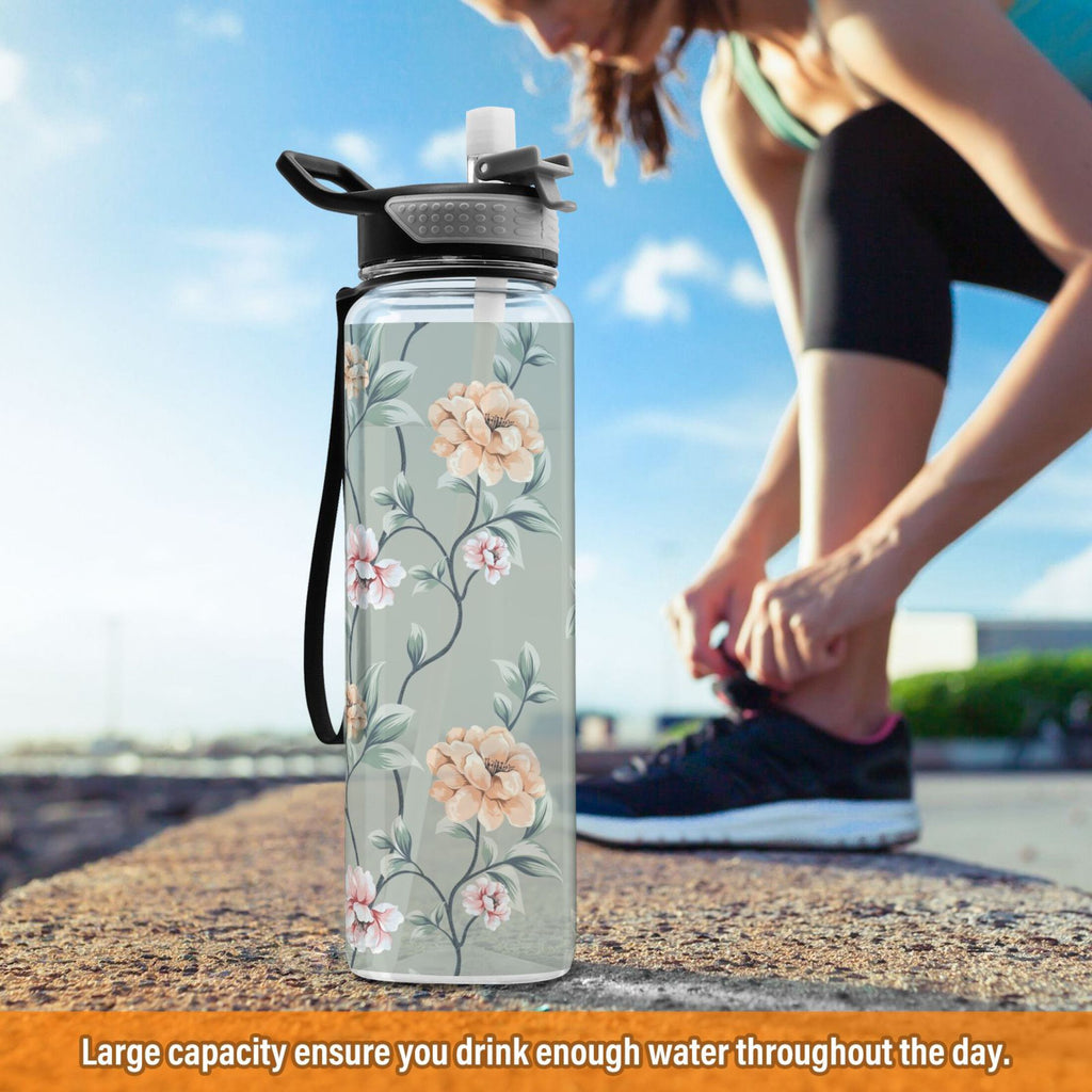 Pink Flowers Green Leaves 32oz Tritan Leakproof Sports Bottle B1300