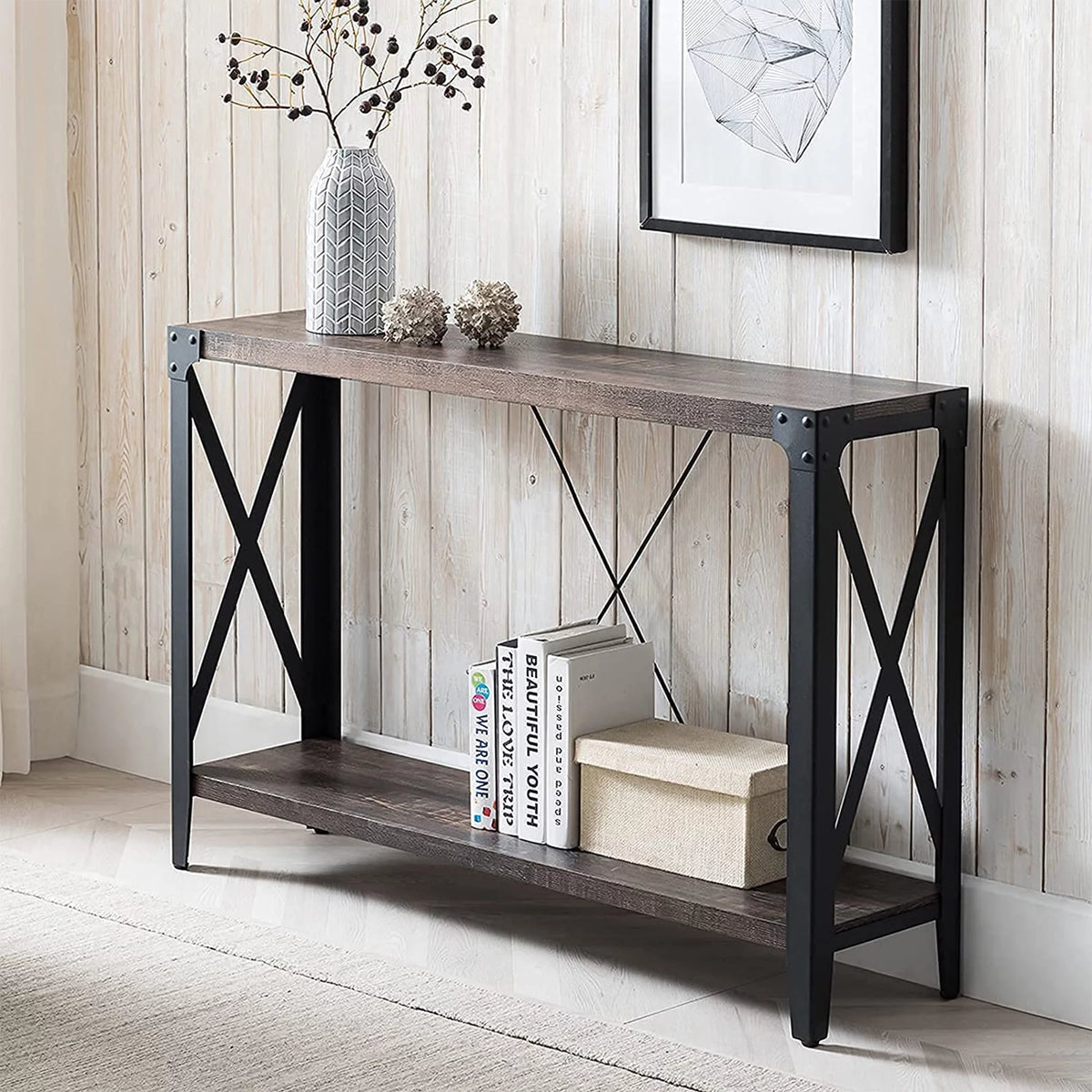46 Inch 2-Tier Dark Rustic Oak Console Table U72967