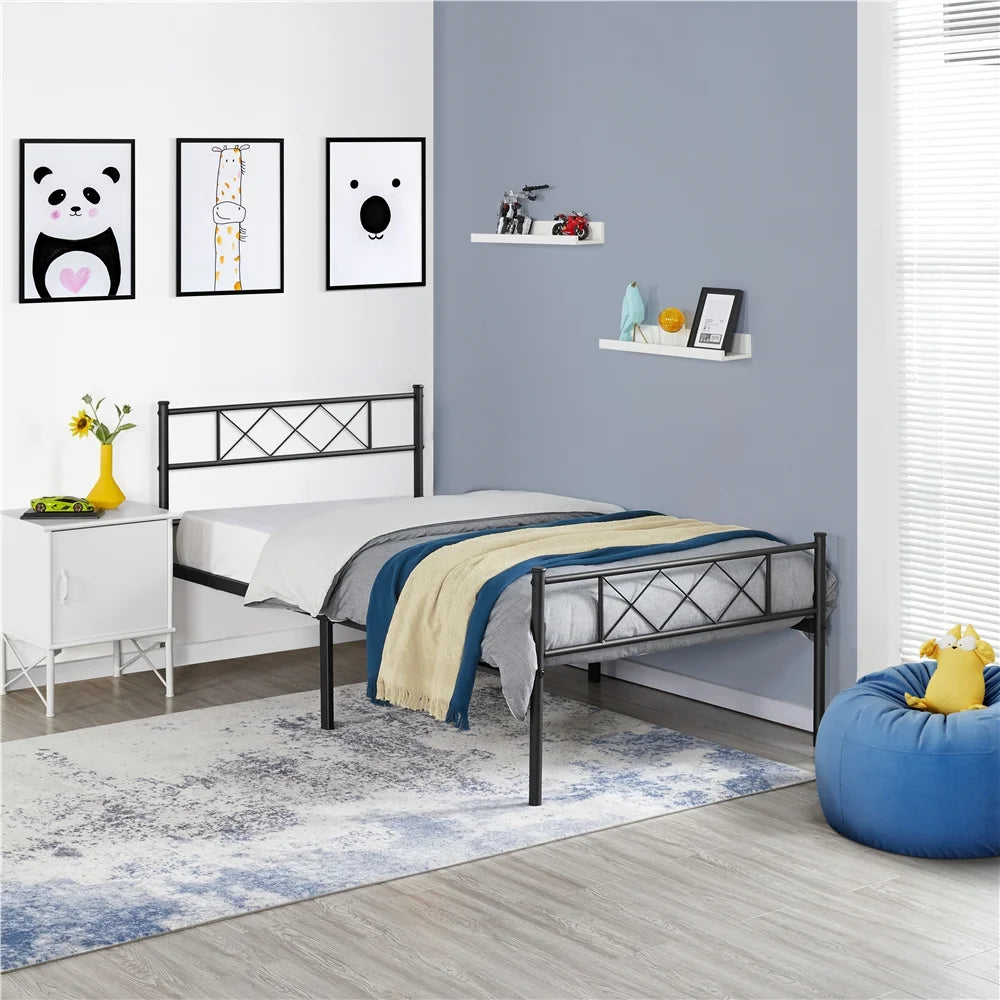 Black Twin Metal Slatted Bed Frame with Headboard Footboard S5250