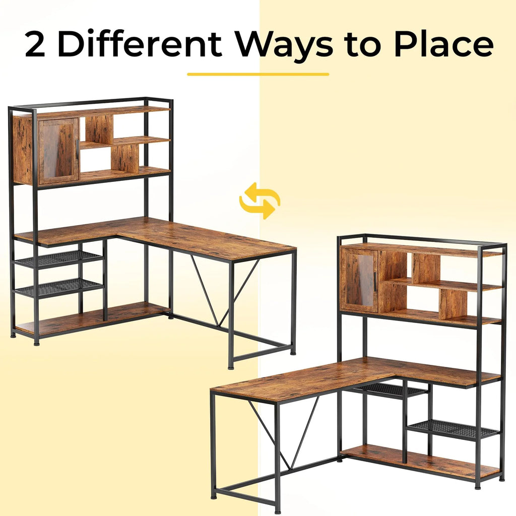 L Shape Computer Desk with LED Light and Bookshelf Y591