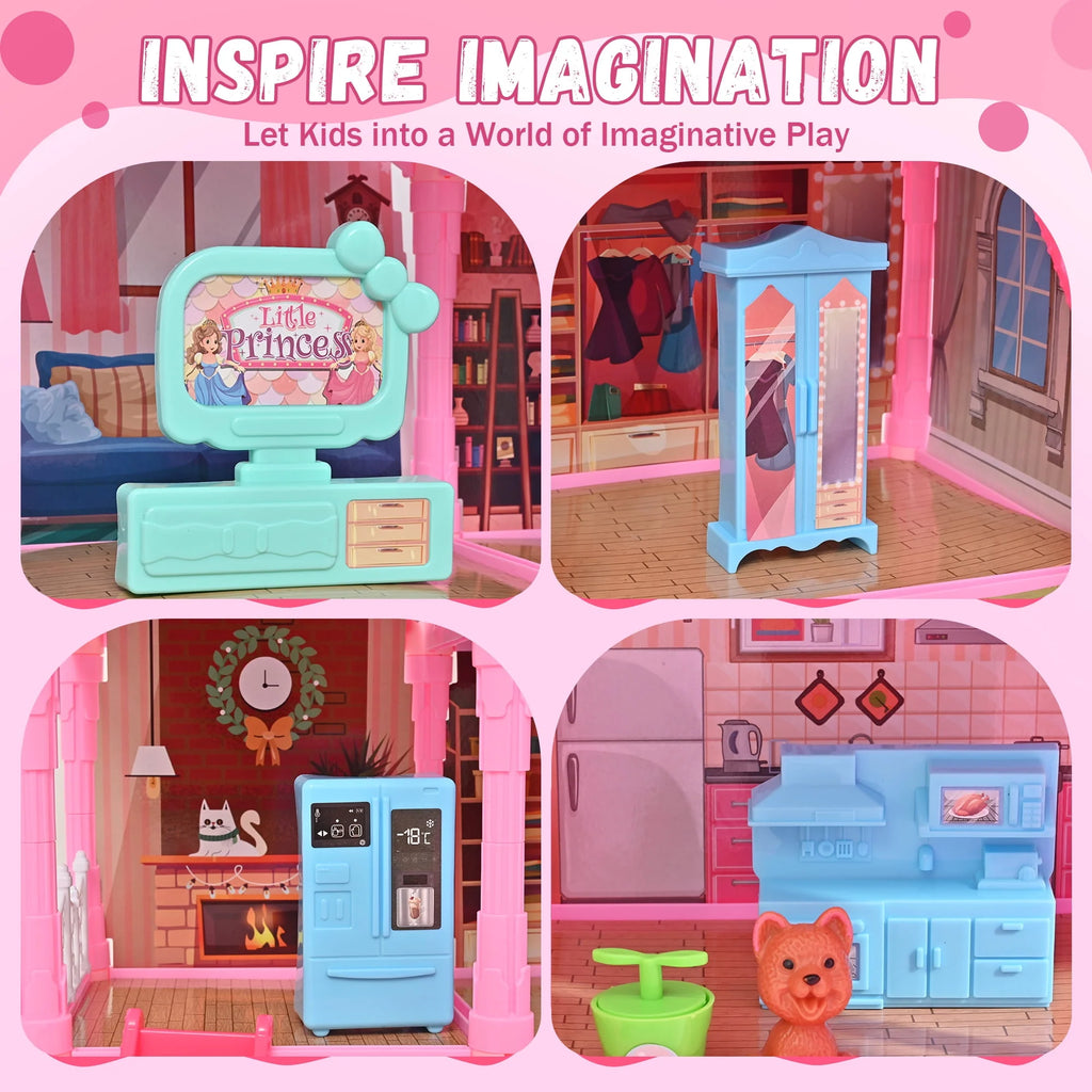 285 PCS 12 Rooms Dollhouse with LED Lights Furniture and Accessories F644