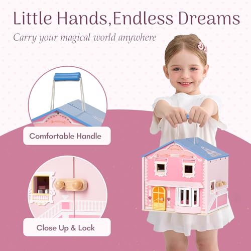 Pink Wooden Dollhouse with 2 Dolls and 12pcs Wooden Furniture V226549