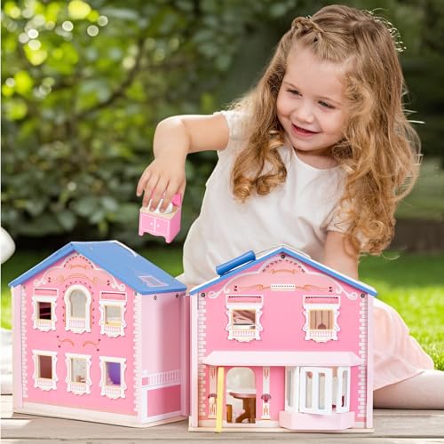 Pink Wooden Dollhouse with 2 Dolls and 12pcs Wooden Furniture V226549