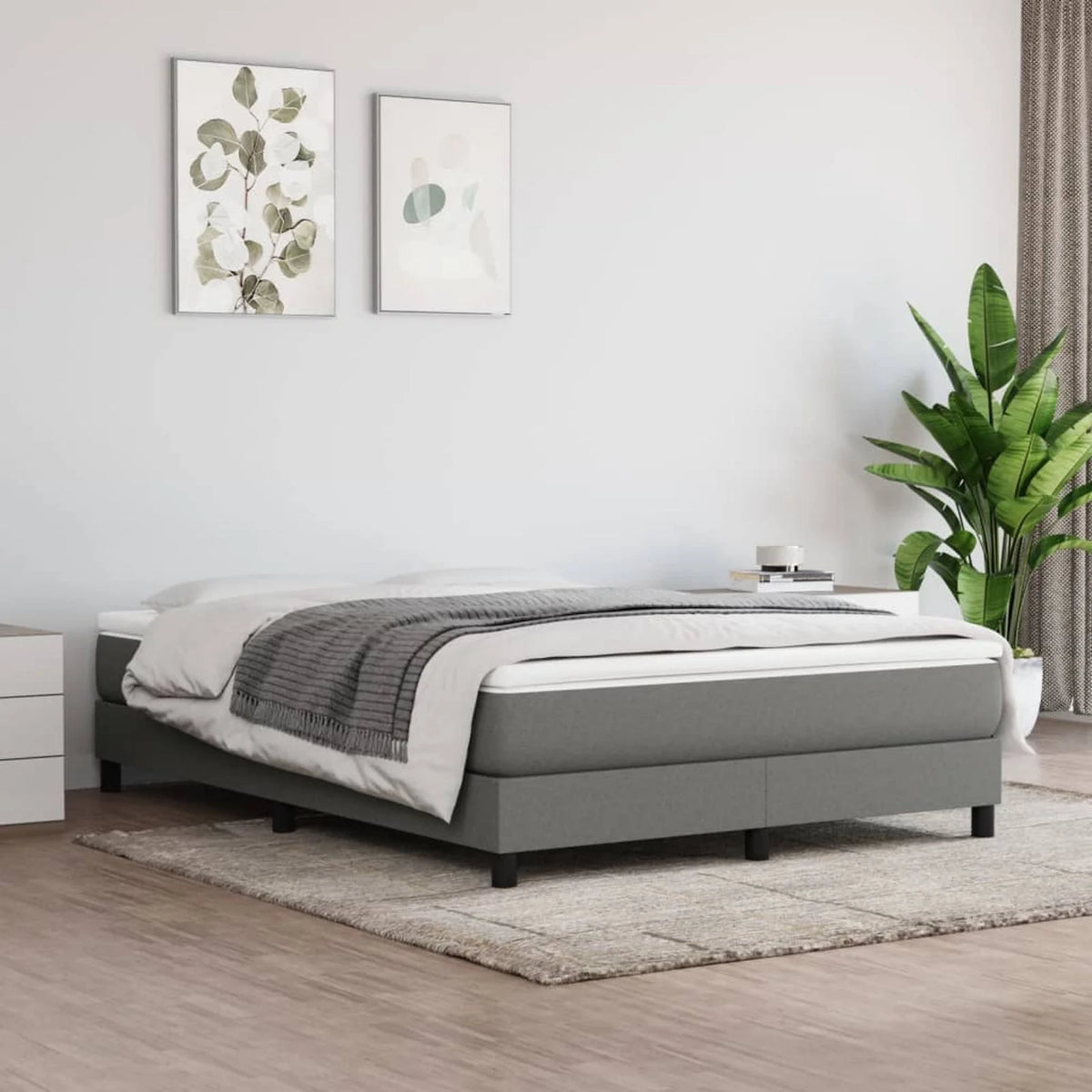 Queen Size Fabric Bed with Mattress and Black Wood Legs E1133