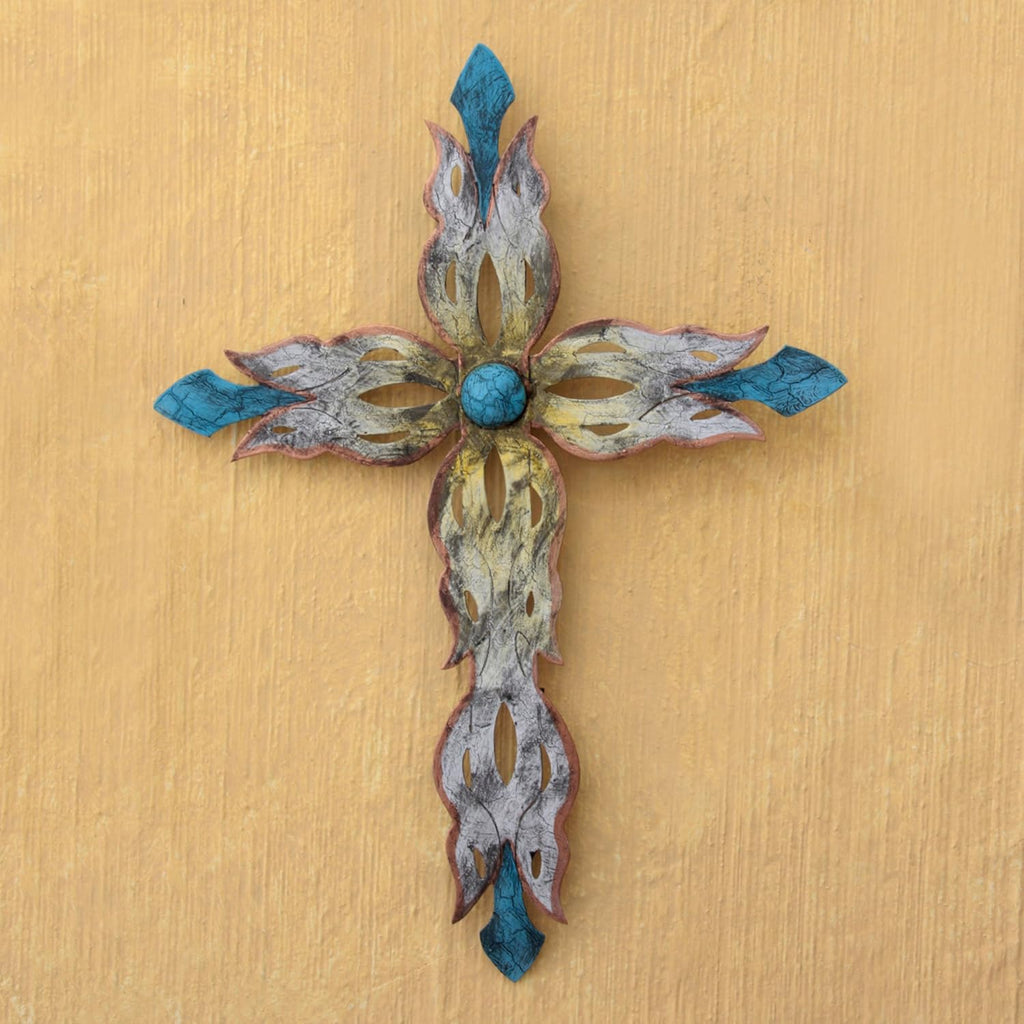 Large Blue and White Steel Cutout Wall Mounted Cross L99831