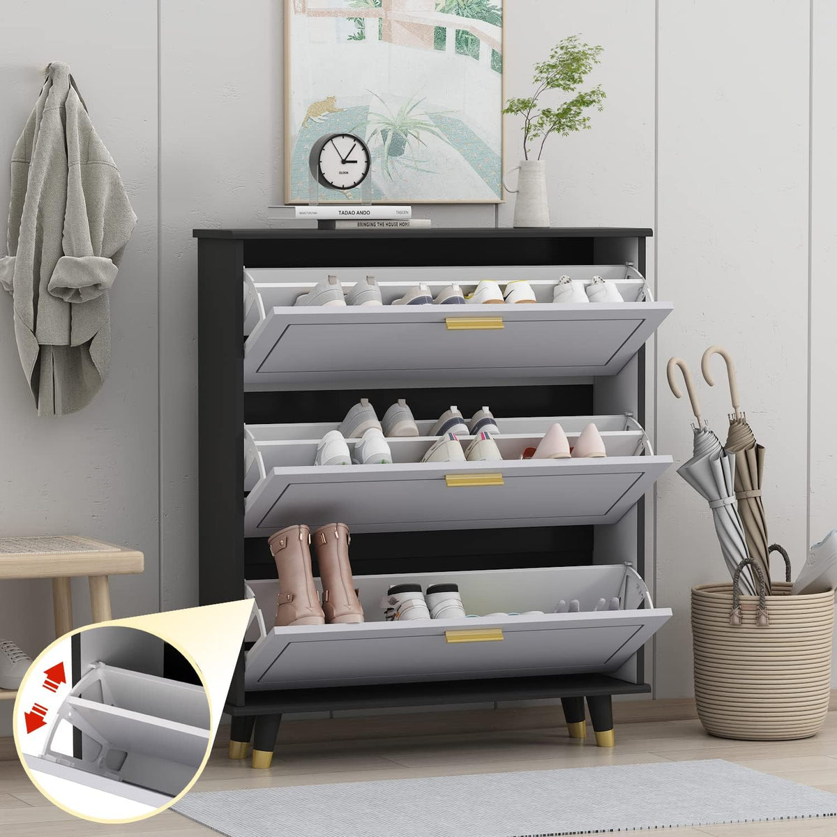 Black and White 3 Drawer Wood Shoe Storage Cabinet X420