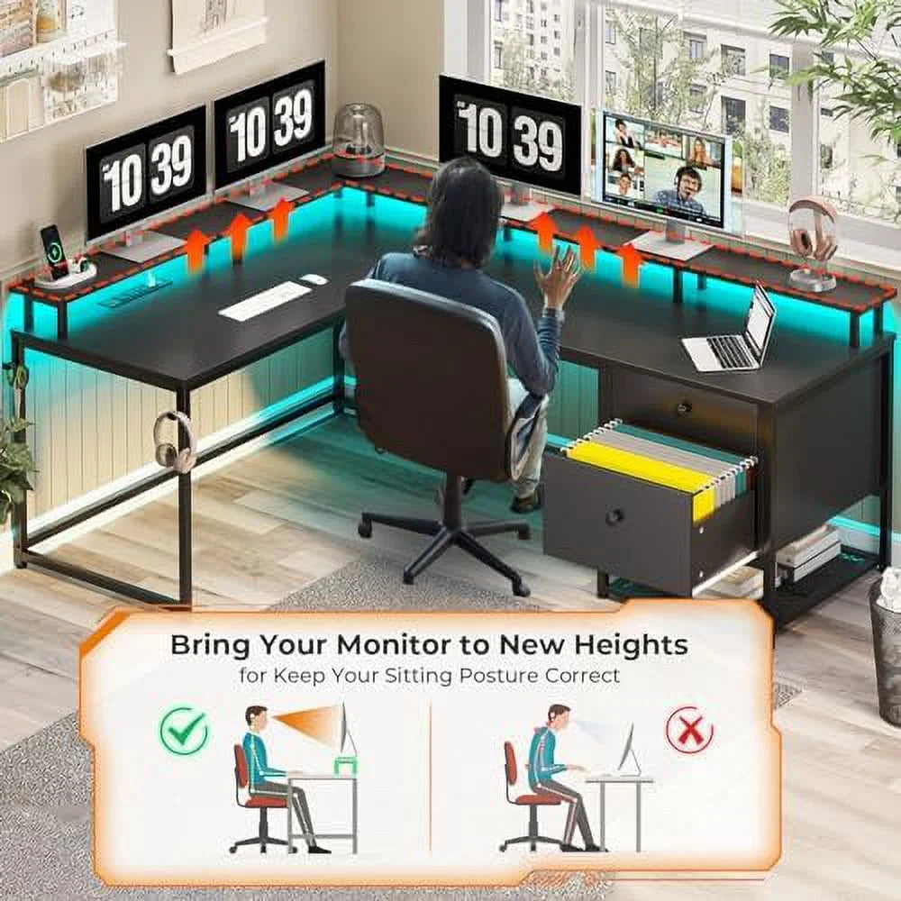 Black L Shaped Corner Computer Desk with Drawers O613