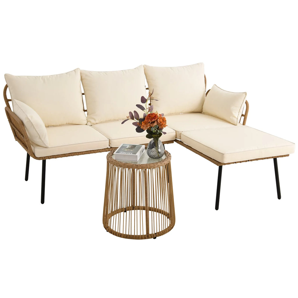 L-Shaped Wicker Patio Sofa Set with Cushions and Coffee Table P826633