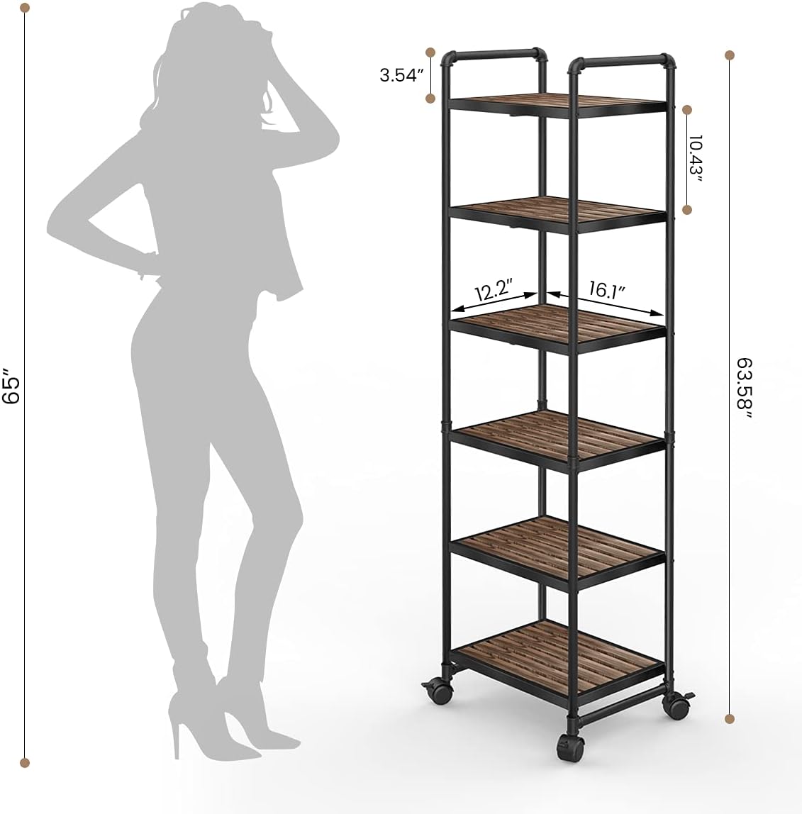 6-Tier Rolling Storage Cart with Metal Frames, Rustic Brown N415938