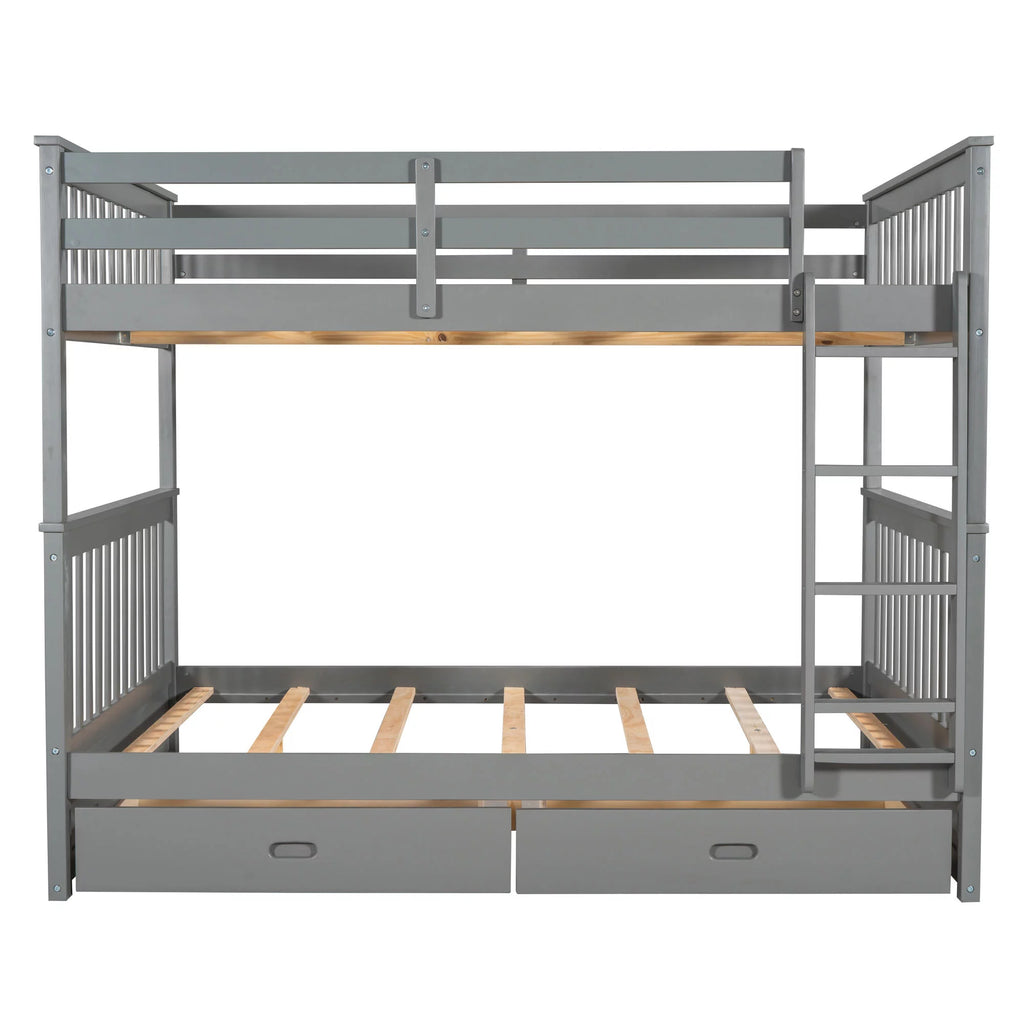 Full over Full Bunk Bed with Ladder and 2 Drawers, Gray X163