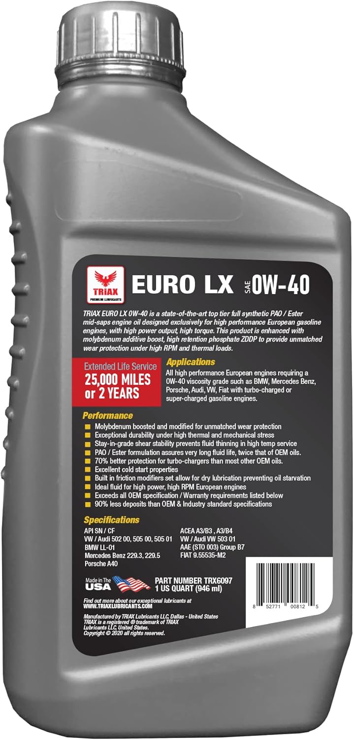 Triax Euro LX 0W-40 Full Synthetic 20K Miles 6 Quart Case Pack of 2 C188