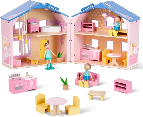 Pink Wooden Dollhouse with 2 Dolls and 12pcs Wooden Furniture V226549