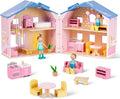 Pink Wooden Dollhouse with 2 Dolls and 12pcs Wooden Furniture V226549