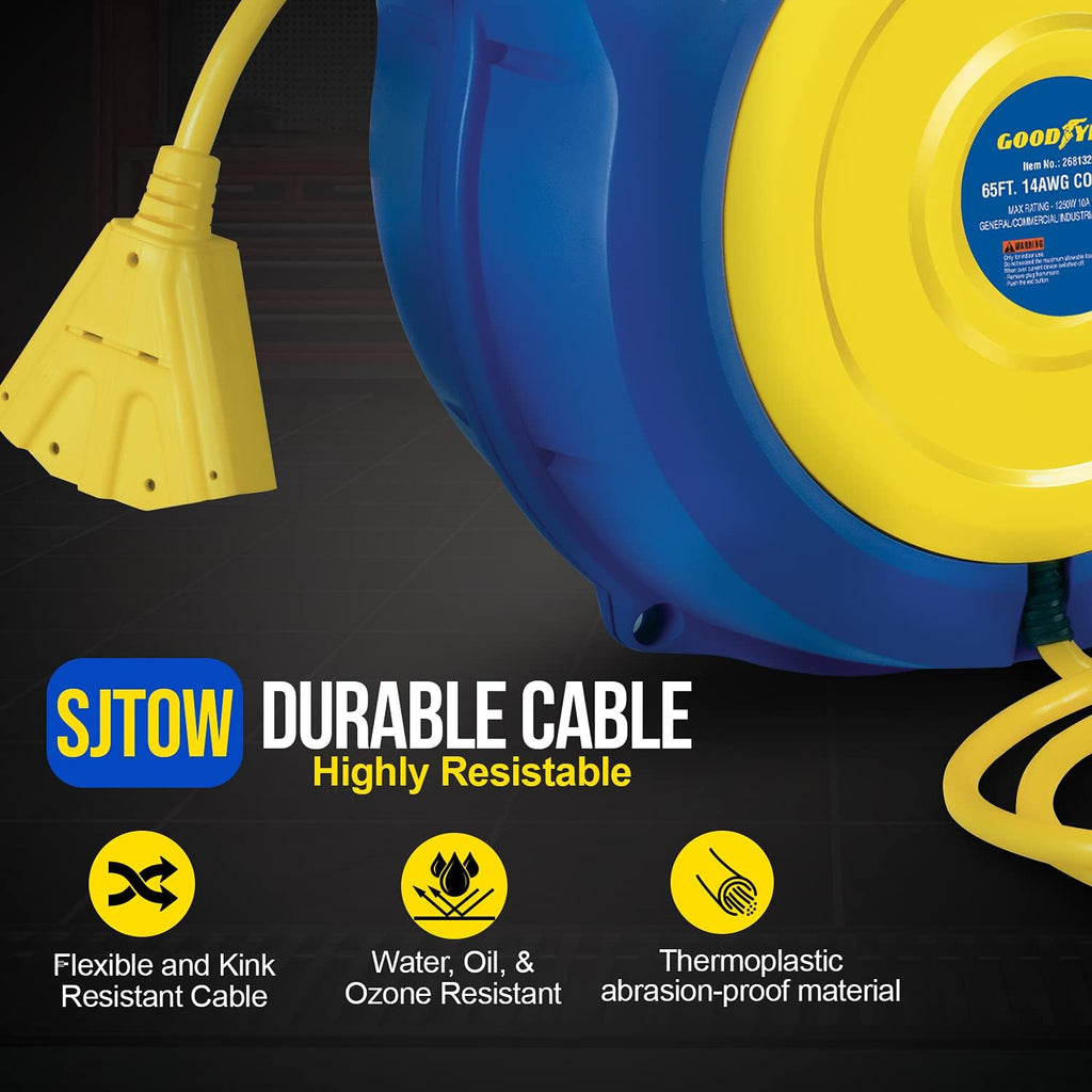 Retractable Extension Cord Reel 14AWG 65 Foot 3C/SJTOW Commercial Cable Triple Tap Connector Power 10A 125VAC 1250W N215273