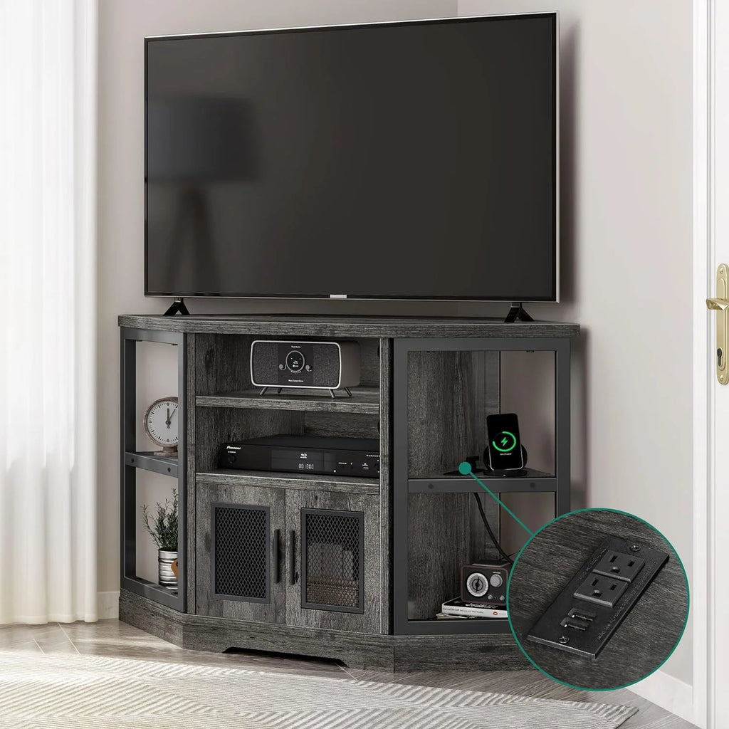 Corner TV Stand up to 55 Inch with Power Outlet, Gray Oak I396270