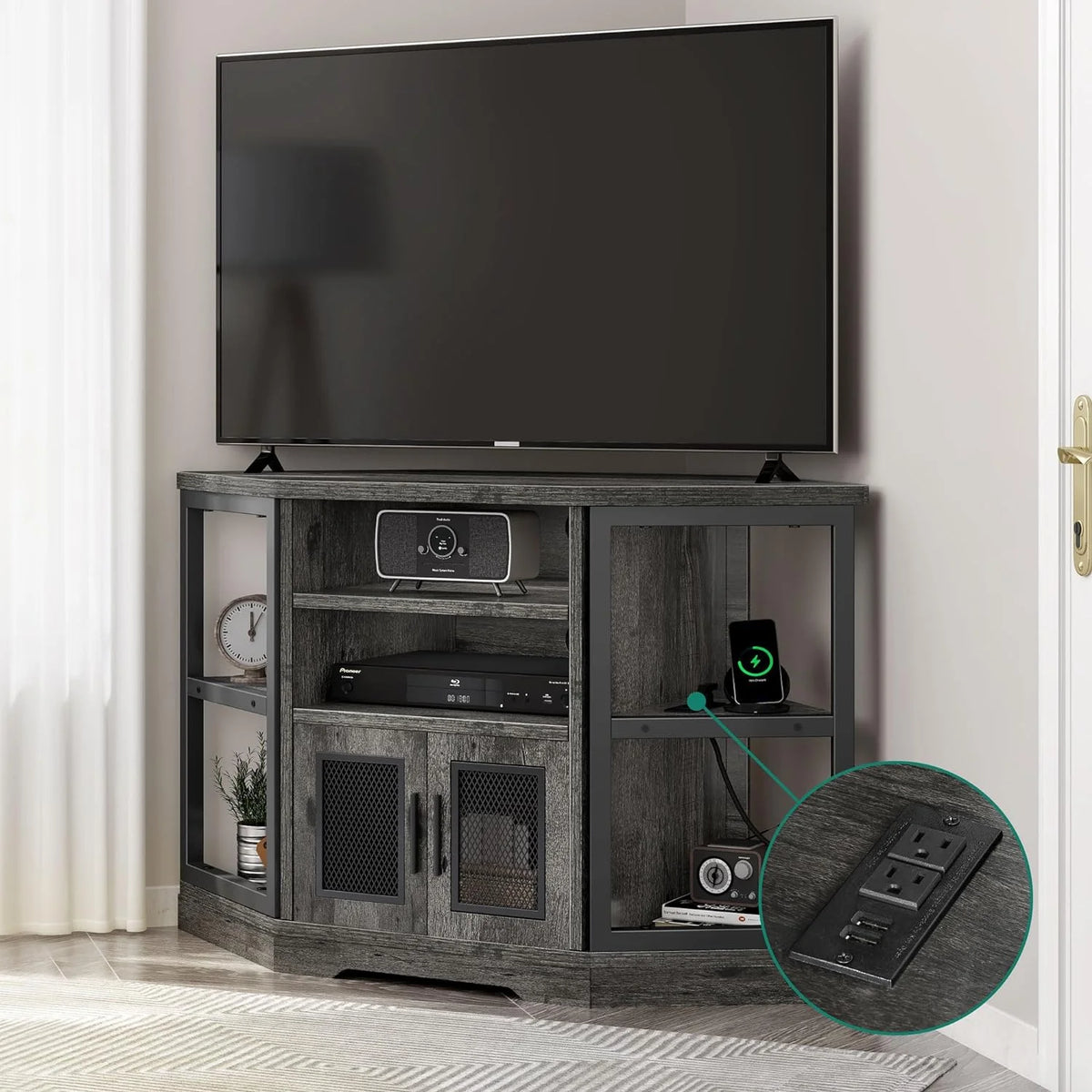 Corner TV Stand up to 55 Inch with Power Outlet, Gray Oak I396270