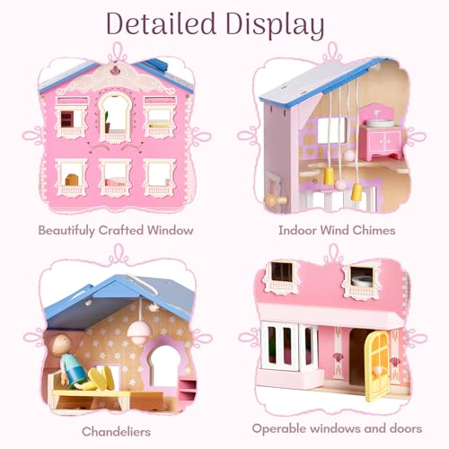 Pink Wooden Dollhouse with 2 Dolls and 12pcs Wooden Furniture V226549