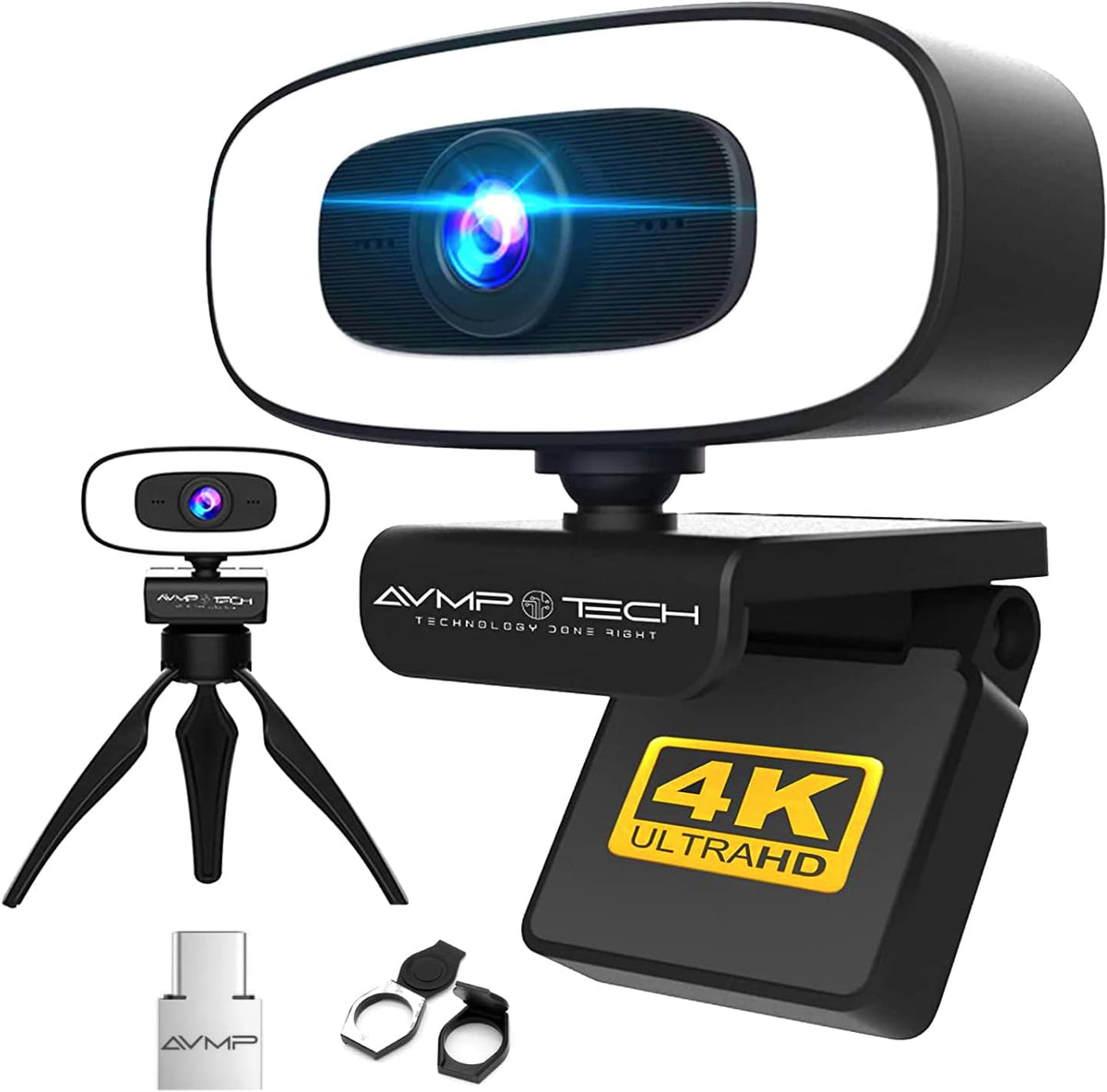 4K Webcam with Light, 8MP Autofocus USB Web Cam with Microphone, Tripod, USBC, Privacy Cover, Pack of 2 K64912