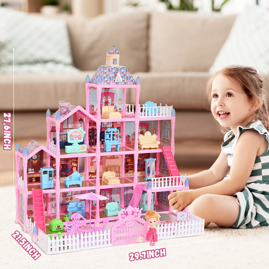 285 PCS 12 Rooms Dollhouse with LED Lights Furniture and Accessories F644
