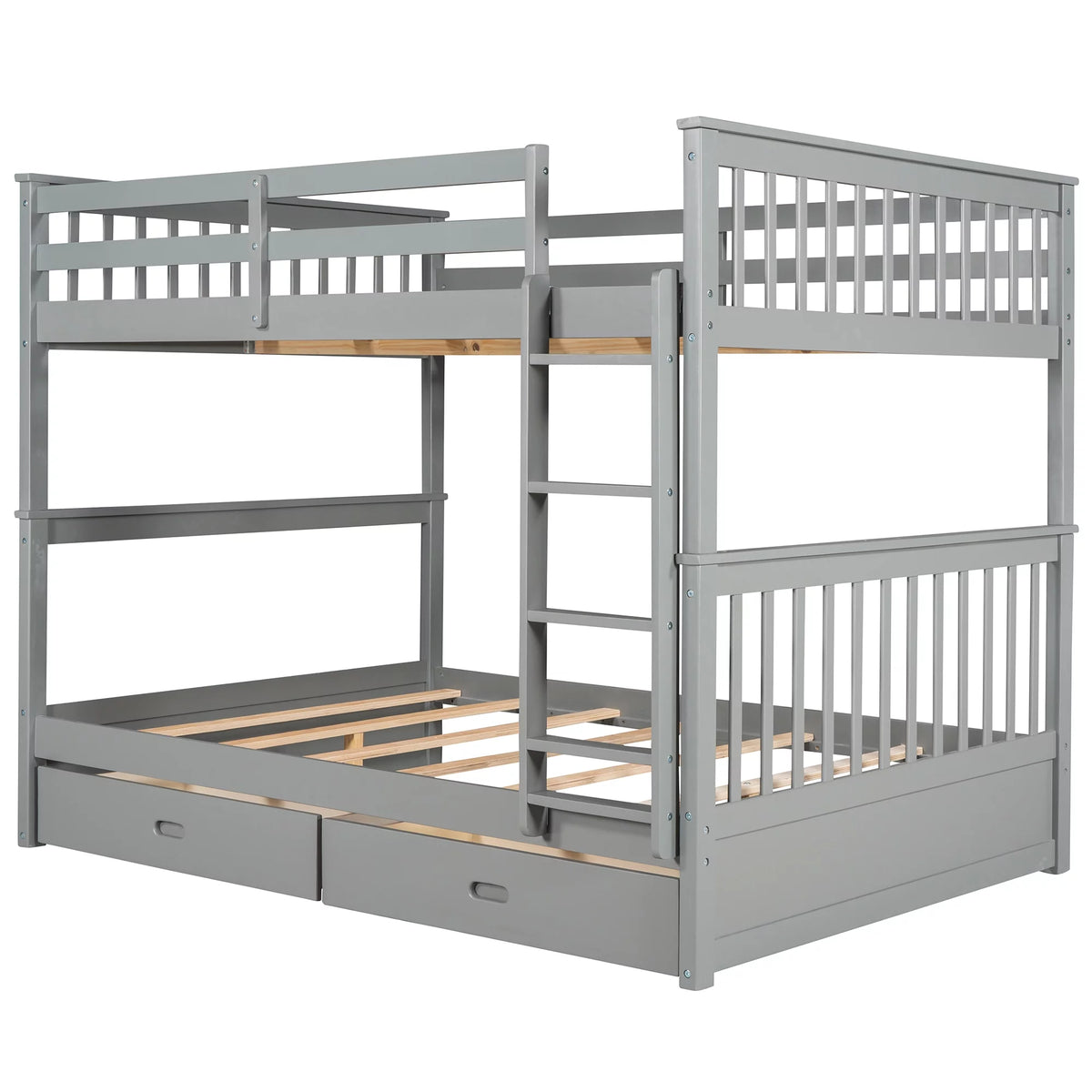 Full over Full Bunk Bed with Ladder and 2 Drawers, Gray X163