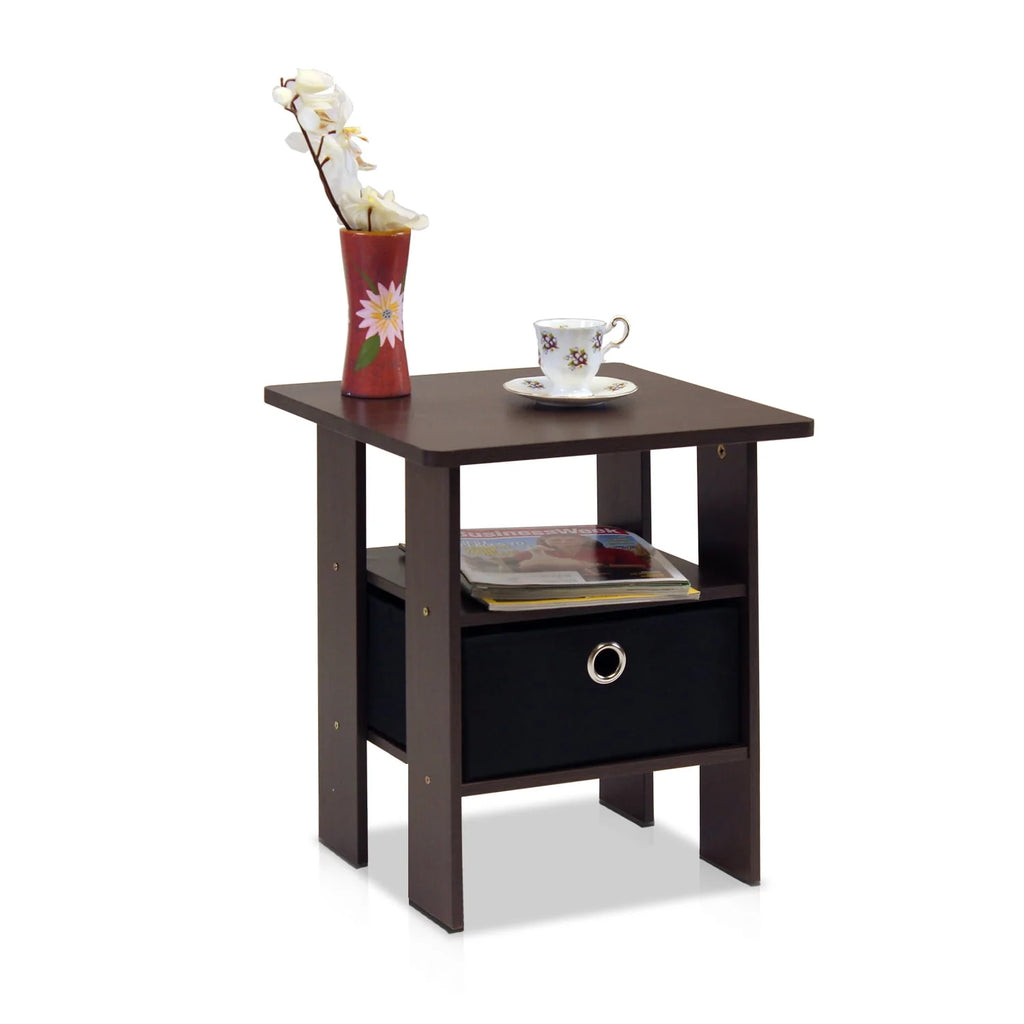 French Oak Grey Black Set of 2 End Table Nightstand with Bin Drawer O5093