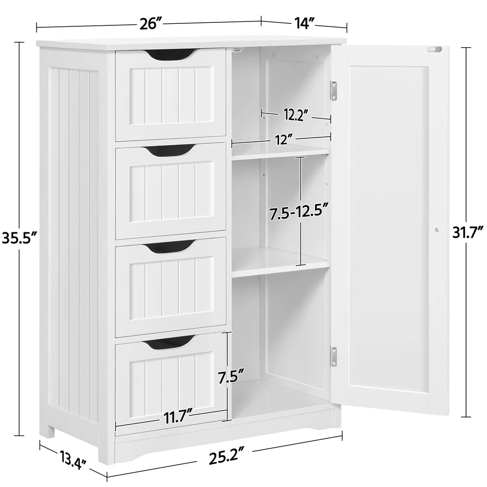 White 4 Drawer Wooden Bathroom Floor Cabinet J745