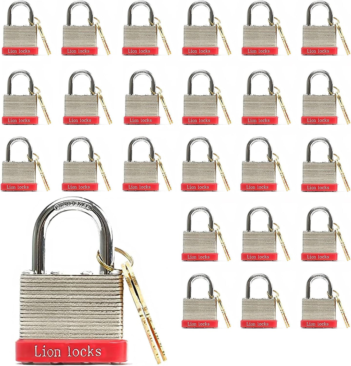 24 Keyed-Alike Padlocks with 1.25” Shackle, 48 Keys, Hardened Steel Case, Brass Cylinder Y81162