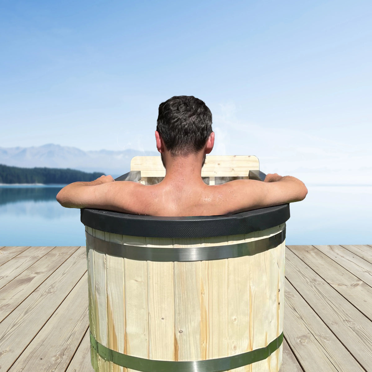 Natural Pine Wood Hot Tub 2 Persons 132 Gallons with Charcoal Stove J20915