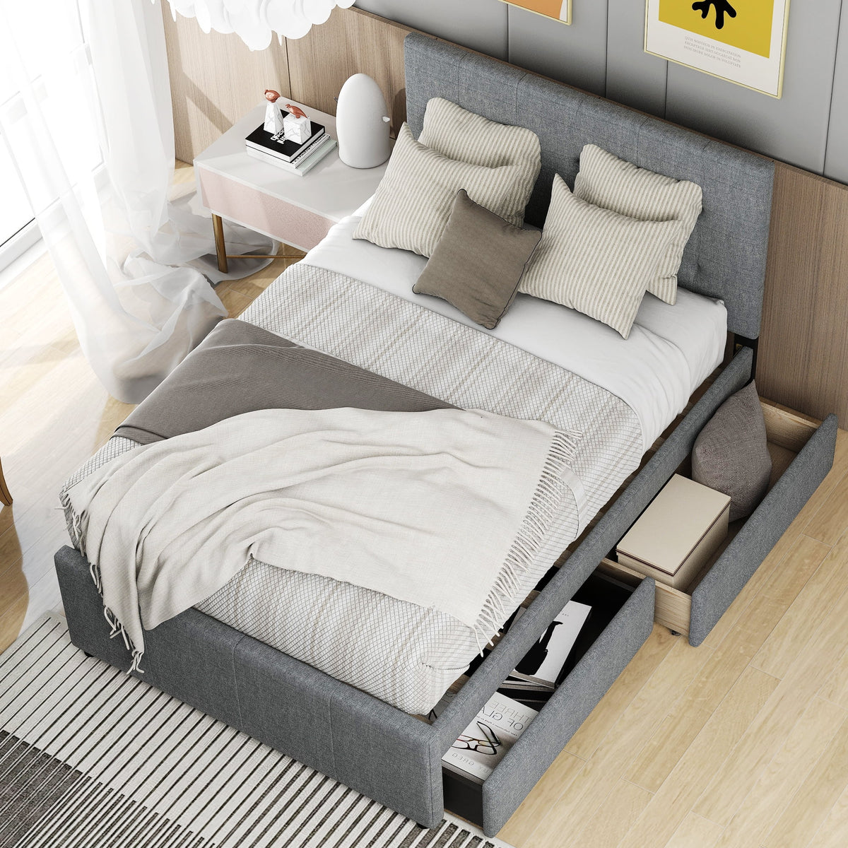 Gray Upholstered Full Size Platform Bed with 2 Drawers B5646