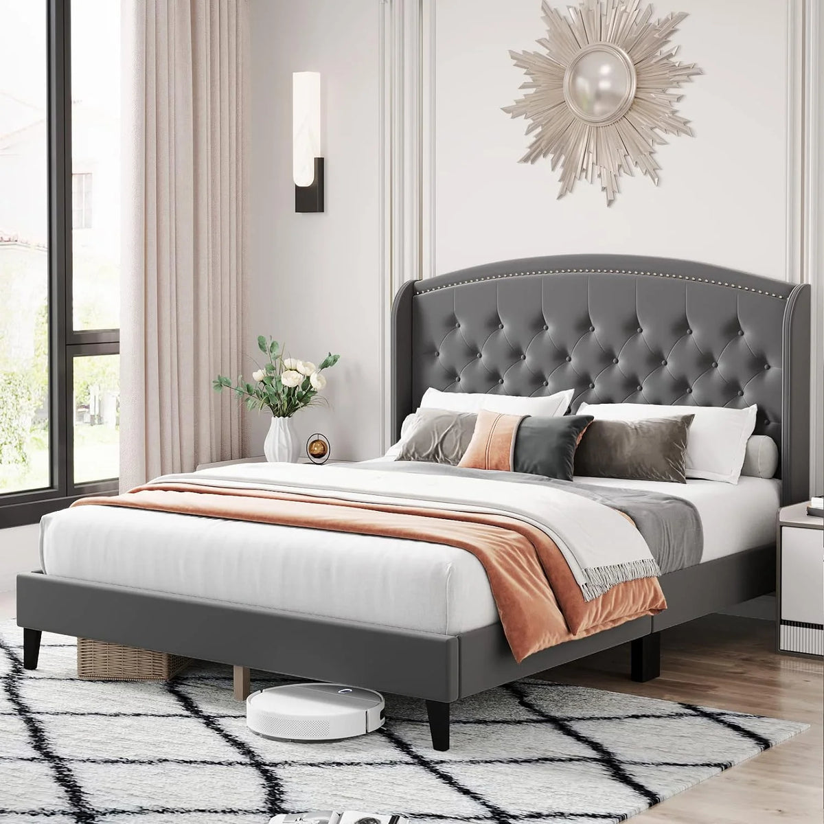 Full Size Beige Upholstered Platform Bed Frame with Wood Slats A31811