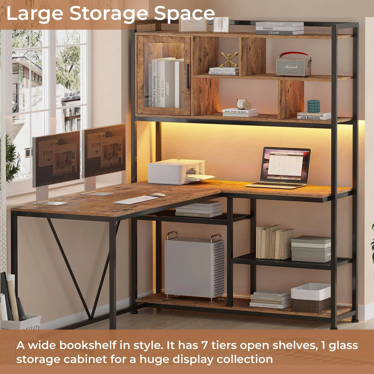 L Shape Computer Desk with LED Light and Bookshelf Y591
