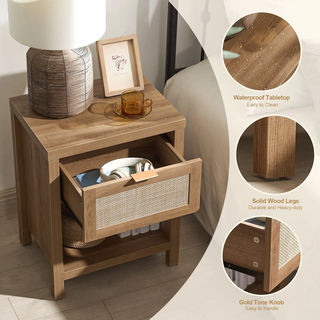 Oak Rattan Nightstand Set of 2 with Drawer and Storage Shelf I755471