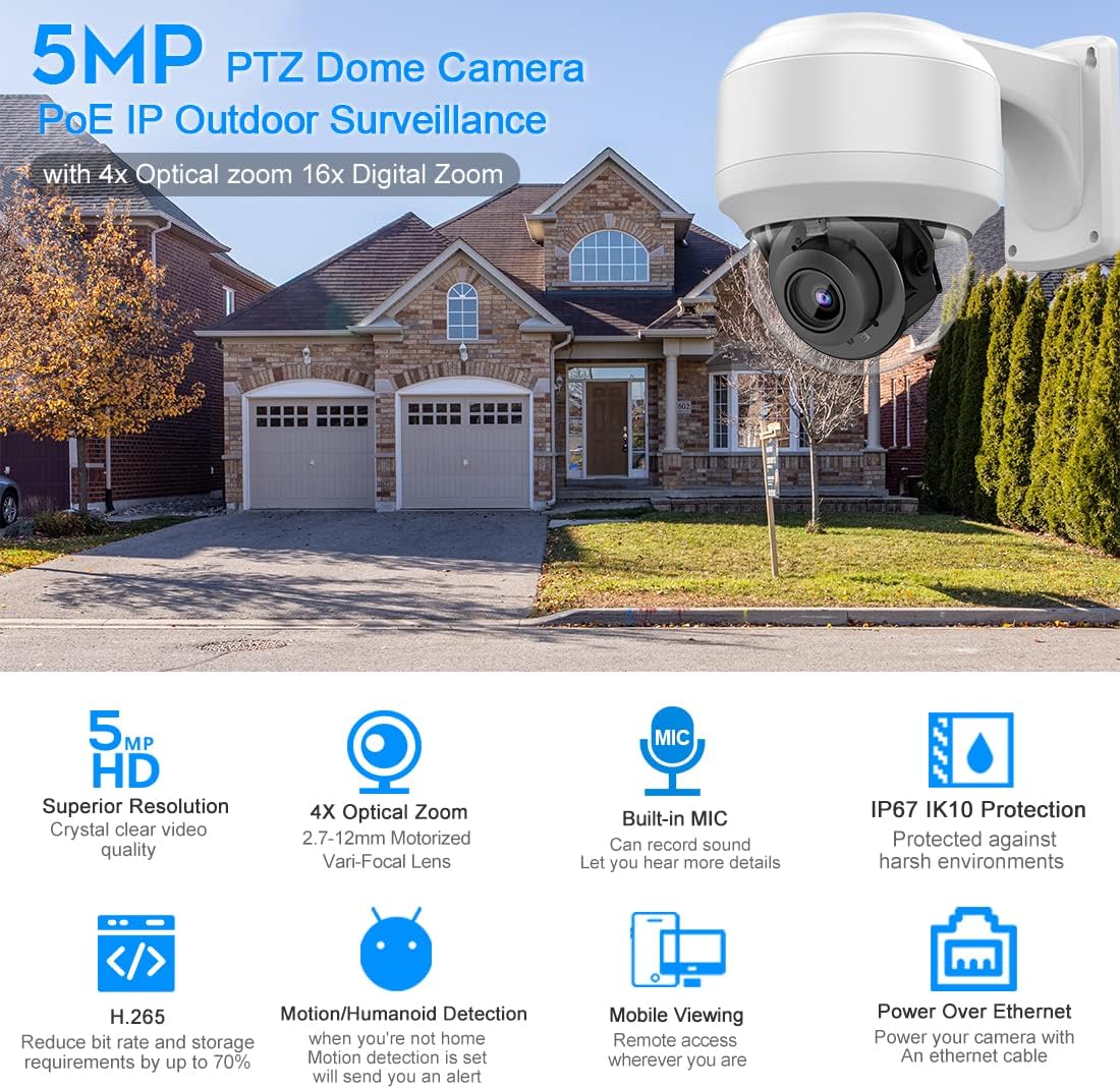 5MP PTZ PoE Dome IP Camera Outdoor with Mic/Audio, 4X Optical Zoom, 164ft Night Vision, H.265, IP67 Waterproof G706990