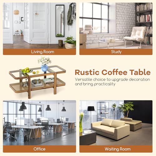 Rattan Coffee Table, 2-Tier with Tempered Glass Tabletop G96975
