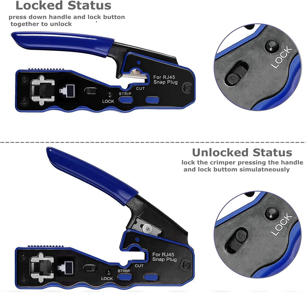 RJ45 Crimp Tool Ethernet Cable Crimper Wire Cutter Stripper Network Pass Through Crimping Tool Kit for Cat5e Cat6 Cat6a, 50Pcs Cat6 Connector & 50Pcs Cat6 Protector Cover F73006