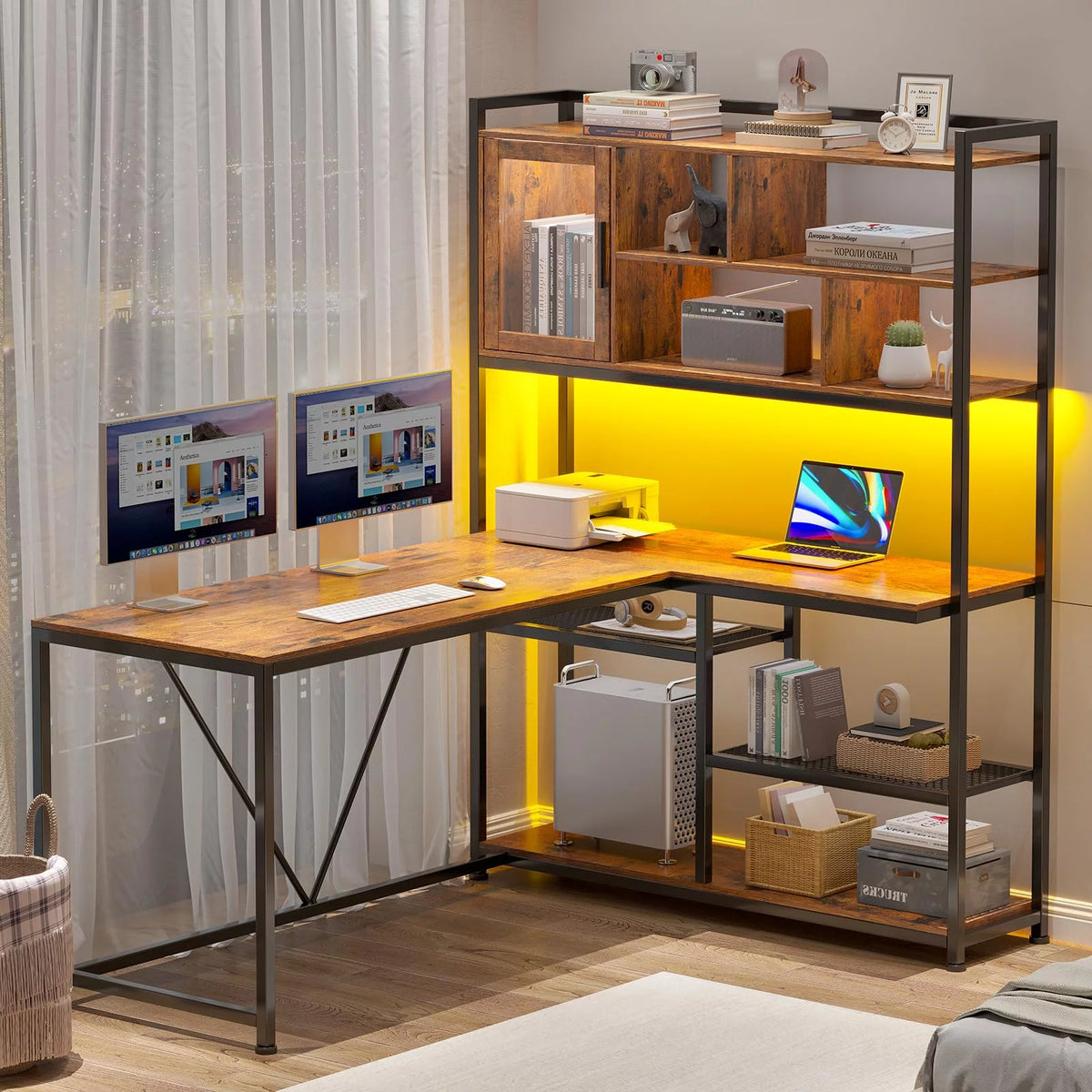L Shape Computer Desk with LED Light and Bookshelf Y591