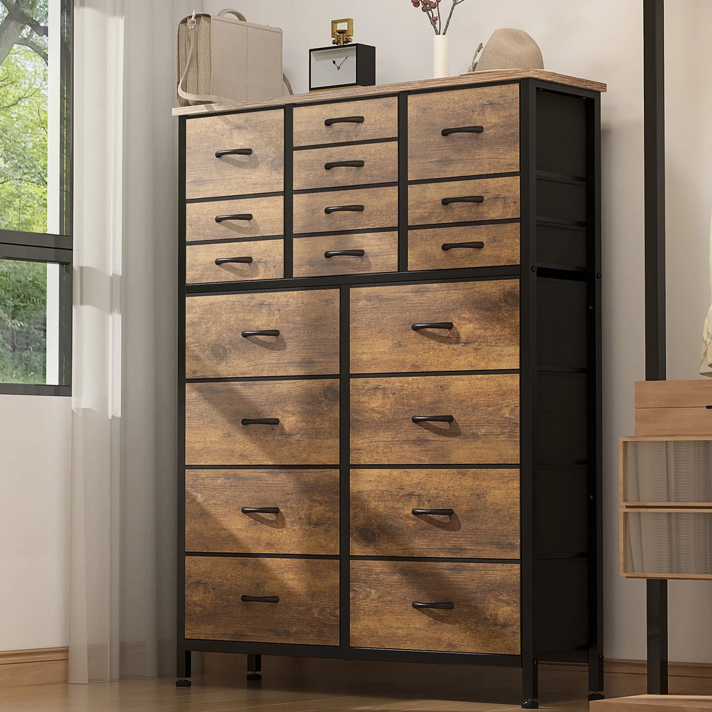 Rustic Brown 18 Drawer Fabric Dresser with Steel Frame O1724