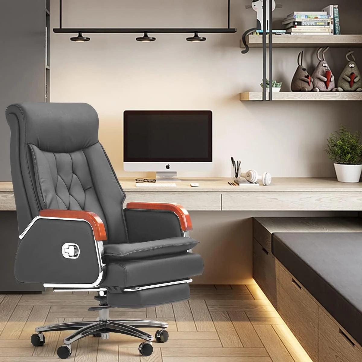 Black Leather Reclining Office Chair with Footrest B2267