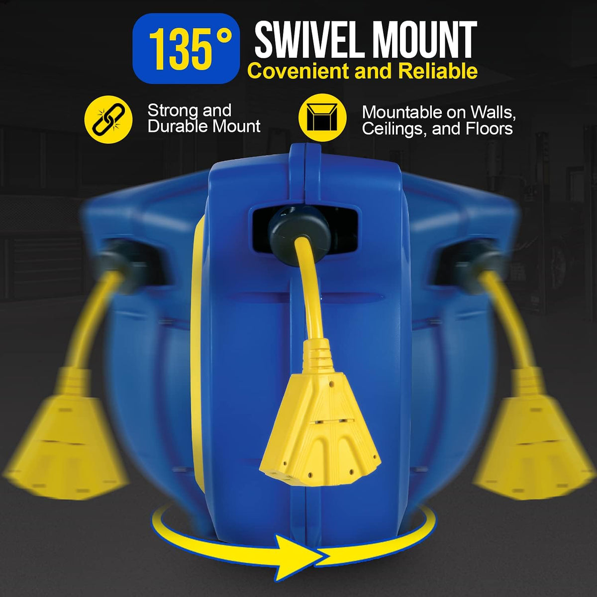 Retractable Extension Cord Reel 14AWG 65 Foot 3C/SJTOW Commercial Cable Triple Tap Connector Power 10A 125VAC 1250W N215273